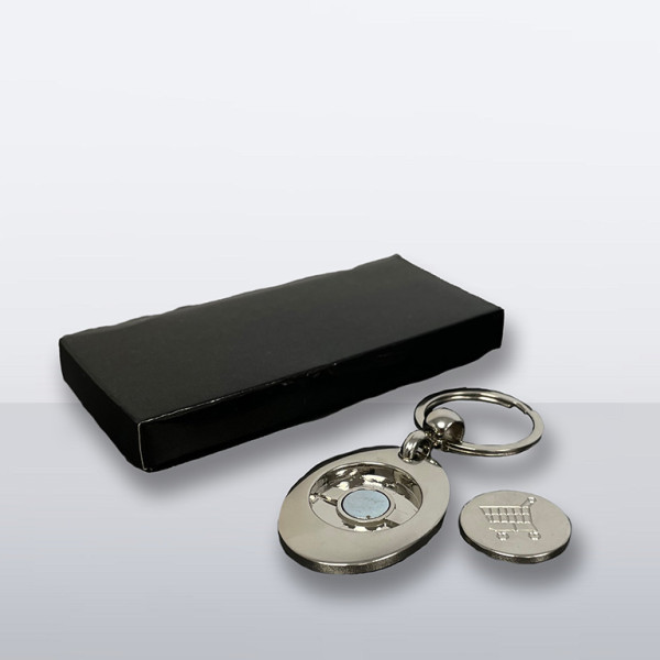 Metallschlüsselanhänger mit herausnehmbarem Einkaufschip und passender Geschenkbox