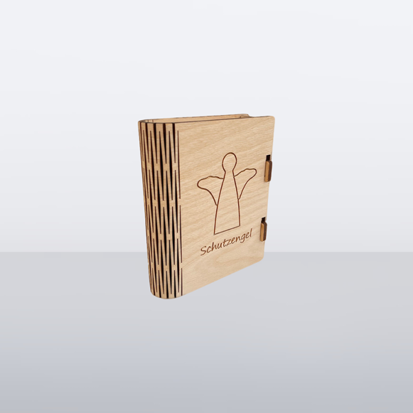 Holzbox in Buchform, aufrecht stehend, mit Engelgravur und Schriftzug Schutzengel