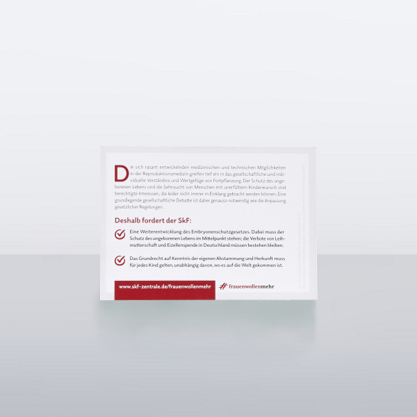 Rückseite einer Karte mit den Forderungen des SkF zur Förderung von Ausbildung und Arbeitsplatzsicherung für Frauen